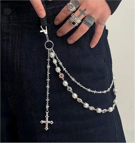 Layered Daisy Pearl Wallet Chain Rhinestone Flower Heart Cross Bag Charms Keychain Pants Jean Chains for Women Men in Saudi Arabia