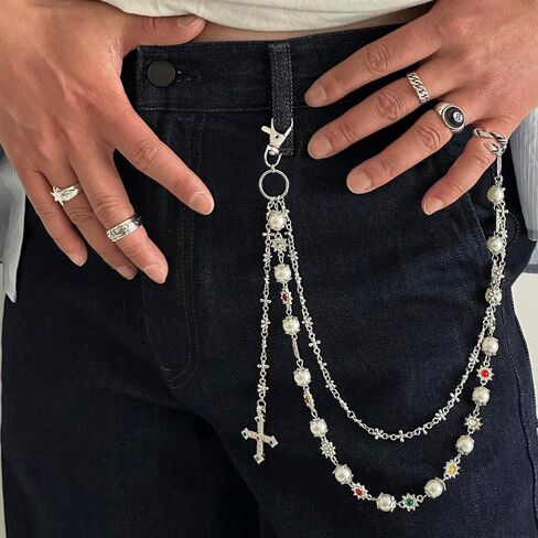 Layered Daisy Pearl Wallet Chain Rhinestone Flower Heart Cross Bag Charms Keychain Pants Jean Chains for Women Men in Saudi Arabia