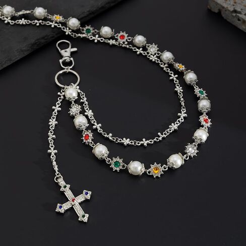 Layered Daisy Pearl Wallet Chain Rhinestone Flower Heart Cross Bag Charms Keychain Pants Jean Chains for Women Men in Saudi Arabia