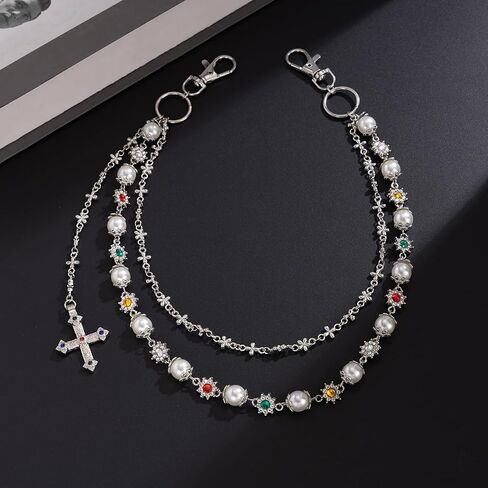 Layered Daisy Pearl Wallet Chain Rhinestone Flower Heart Cross Bag Charms Keychain Pants Jean Chains for Women Men in Saudi Arabia