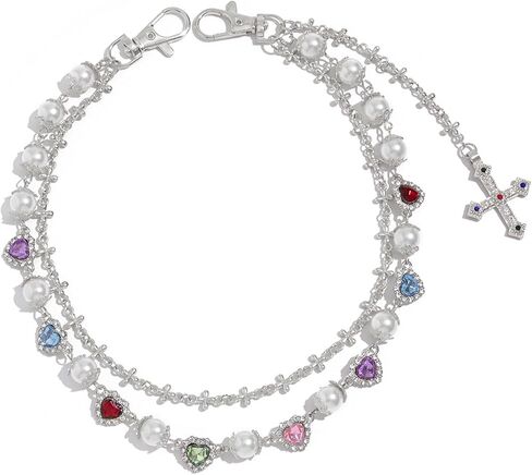 Layered Daisy Pearl Wallet Chain Rhinestone Flower Heart Cross Bag Charms Keychain Pants Jean Chains for Women Men in Saudi Arabia