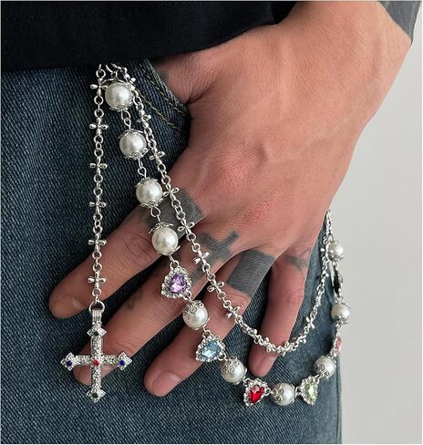 Layered Daisy Pearl Wallet Chain Rhinestone Flower Heart Cross Bag Charms Keychain Pants Jean Chains for Women Men in Saudi Arabia