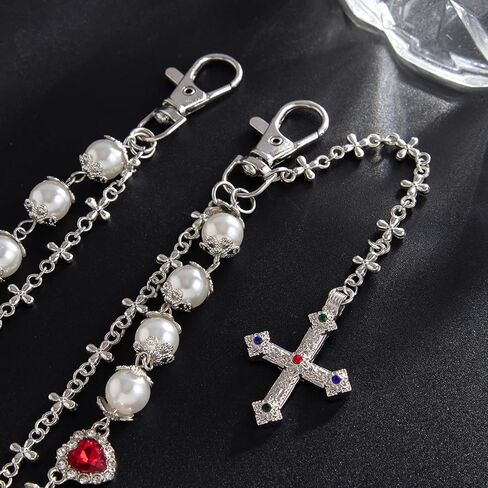 Layered Daisy Pearl Wallet Chain Rhinestone Flower Heart Cross Bag Charms Keychain Pants Jean Chains for Women Men in Saudi Arabia