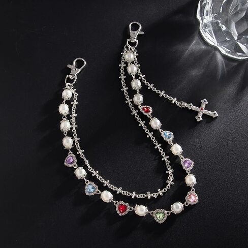 Layered Daisy Pearl Wallet Chain Rhinestone Flower Heart Cross Bag Charms Keychain Pants Jean Chains for Women Men in Saudi Arabia