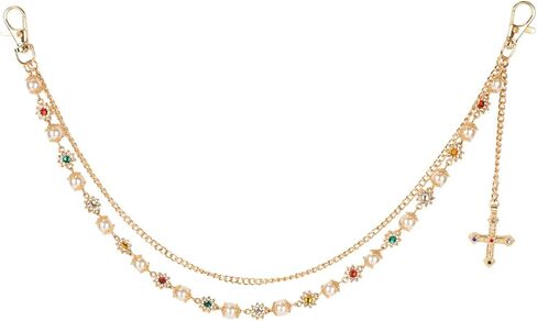 Gold Chain for Pants, Fashionable Double Layer Pants Chain Pearl Rhinestones Cross Hip Hop Pocket Belt Accessory Jeans Jewelry keychain Wallet for Men Women in Saudi Arabia
