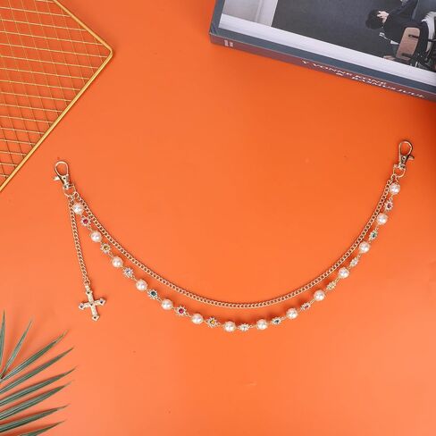 Gold Chain for Pants, Fashionable Double Layer Pants Chain Pearl Rhinestones Cross Hip Hop Pocket Belt Accessory Jeans Jewelry keychain Wallet for Men Women in Saudi Arabia