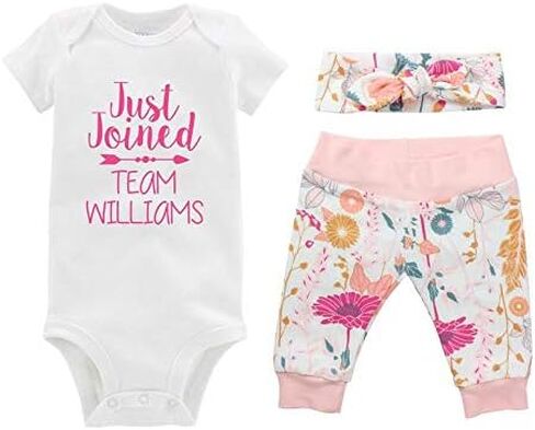 Just Joined Team Personalized Girl Baby Light Pink Floral Coming Home Outfit - Bodysuit, Yoga Pant, Top Knot Headband in Saudi Arabia