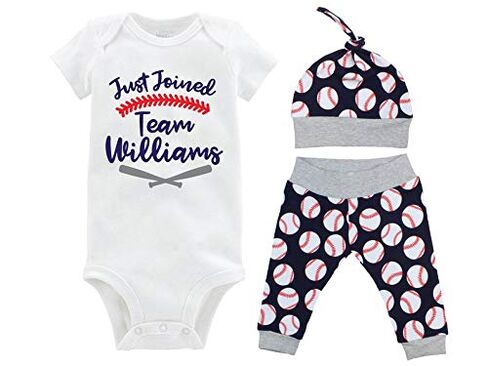 Boy Baseball Personalized Just Joined Team Last Name Blue Gray Coming Home Outfit Infant Gift- Yoga Pants, and Top Knot Hat in Saudi Arabia