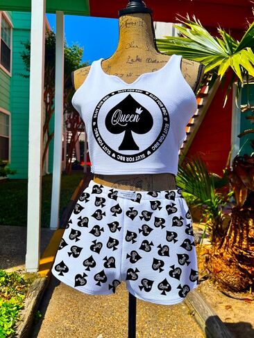 Queen of Spades Women’s 2-Piece Pajama Set – Handmade in USA – “Queen" Crop Top & Printed Shorts – Liverpool Fabric in Saudi Arabia