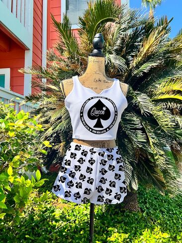 Queen of Spades Women’s 2-Piece Pajama Set – Handmade in USA – “Queen" Crop Top & Printed Shorts – Liverpool Fabric in Saudi Arabia