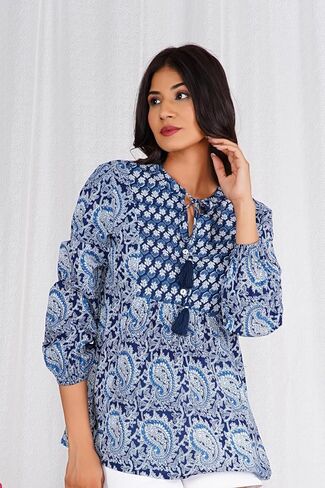 Handmade Women’s Cotton Blockprint Peasant Top in Blue Paisley Boho Tunic with Tassels & 3/4 Sleeve Casual and Partywear Top in Saudi Arabia