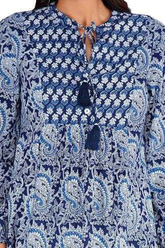 Handmade Women’s Cotton Blockprint Peasant Top in Blue Paisley Boho Tunic with Tassels & 3/4 Sleeve Casual and Partywear Top in Saudi Arabia