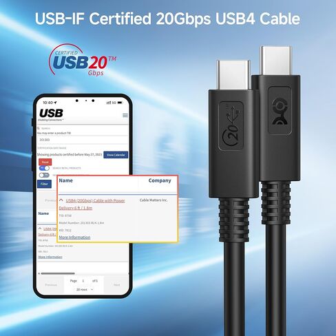مسائل الكابل [معتمد من USB-IF] كابل USB4/كابل USB 4 بطول 6 أقدام مع بيانات 20 جيجابت في الثانية، فيديو 8K وشحن 100 واط، متوافق مع Thunderbolt 4 Thunderbolt 3، لهاتف iPhone 15 Pro Max، MacBook، XPS، Surface Pro in Saudi Arabia