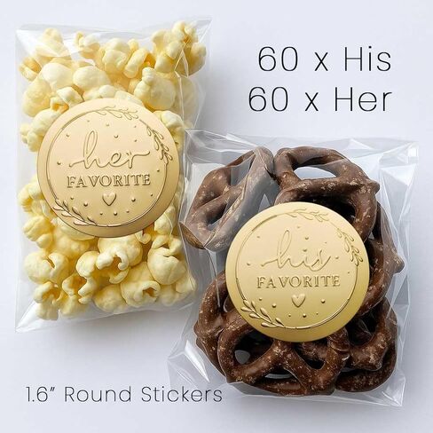 120 x His Her Favorite Stickers, Gold Foil Wedding Stickers, His Favorite Her Favorite Stickers, Candy Bags Wedding Favor Stickers, Party Favor Stickers (Embossed Gold, Stickers Only) in Kuwait