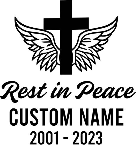 Custom Memorial Car Decal | Rest in Peace Cross with Wings Design | Personalized Vinyl Sticker | 5 Colors Available in Saudi Arabia