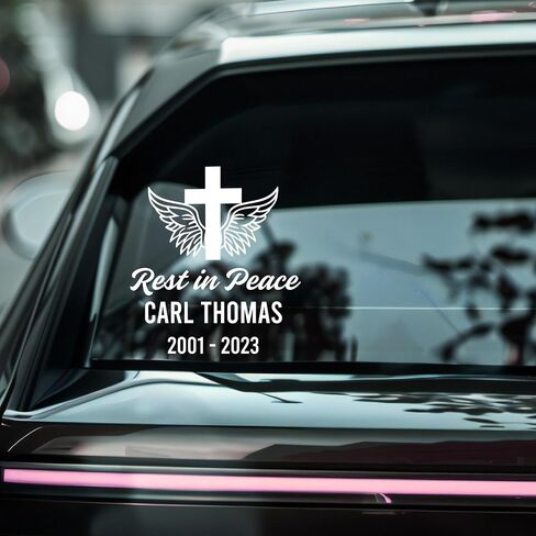 Custom Memorial Car Decal | Rest in Peace Cross with Wings Design | Personalized Vinyl Sticker | 5 Colors Available in Saudi Arabia