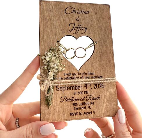Wood Wedding Invitations with Envelopes, Engraved Heart Cutout with Gold Brass Rings, Dried Flowers & Stickers – Personalized Wedding Invitations in Saudi Arabia