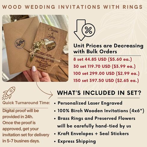 Wood Wedding Invitations with Envelopes, Engraved Heart Cutout with Gold Brass Rings, Dried Flowers & Stickers – Personalized Wedding Invitations in Saudi Arabia