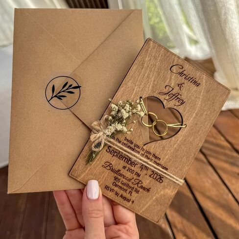 Wood Wedding Invitations with Envelopes, Engraved Heart Cutout with Gold Brass Rings, Dried Flowers & Stickers – Personalized Wedding Invitations in Saudi Arabia