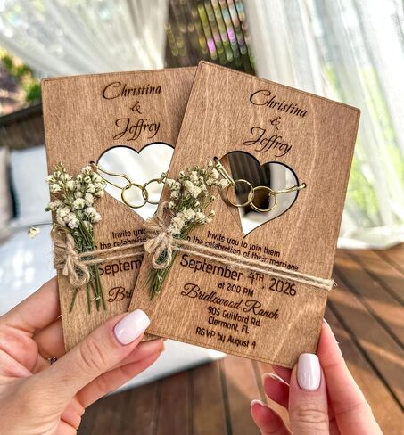 Wood Wedding Invitations with Envelopes, Engraved Heart Cutout with Gold Brass Rings, Dried Flowers & Stickers – Personalized Wedding Invitations in Saudi Arabia