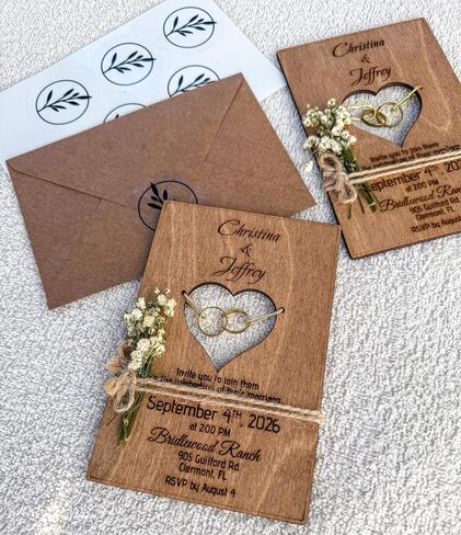 Wood Wedding Invitations with Envelopes, Engraved Heart Cutout with Gold Brass Rings, Dried Flowers & Stickers – Personalized Wedding Invitations in Saudi Arabia