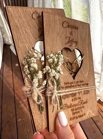 Wood Wedding Invitations with Envelopes, Engraved Heart Cutout with Gold Brass Rings, Dried Flowers & Stickers – Personalized Wedding Invitations in Saudi Arabia