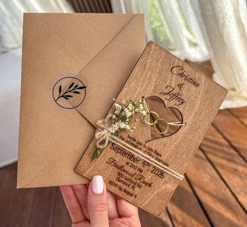 Wood Wedding Invitations with Envelopes, Engraved Heart Cutout with Gold Brass Rings, Dried Flowers & Stickers – Personalized Wedding Invitations in Saudi Arabia