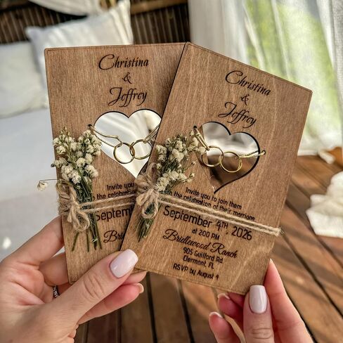 Wood Wedding Invitations with Envelopes, Engraved Heart Cutout with Gold Brass Rings, Dried Flowers & Stickers – Personalized Wedding Invitations in Saudi Arabia