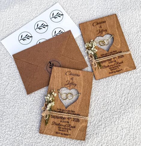 Wood Wedding Invitations with Envelopes, Engraved Heart Cutout with Gold Brass Rings, Dried Flowers & Stickers – Personalized Wedding Invitations in Saudi Arabia
