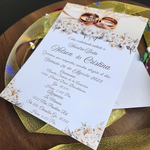 Invitaciones de Boda personalizadas, 20 Invitaciones con sobre, Boda, Flores, Anillos, Novios in Saudi Arabia