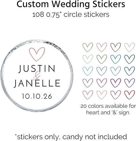 Personalized Candy Stickers | 108 Labels for Hershey Kisses | Custom Wedding Stickers | 20 Color Choices (Heart) in Saudi Arabia