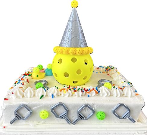 Pickleball Cake Topper and Party Pack – Silver Pickleball Birthday Hat Decoration with Stand Plus 6 Mini Yellow Balls, 6 Green Balls, and 6 Mini Paddle Party Favors in Saudi Arabia