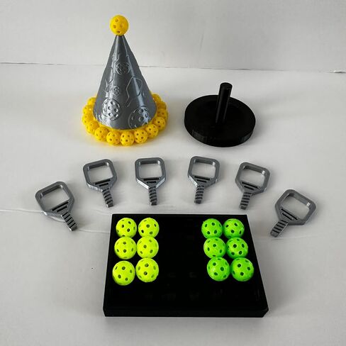 Pickleball Cake Topper and Party Pack – Silver Pickleball Birthday Hat Decoration with Stand Plus 6 Mini Yellow Balls, 6 Green Balls, and 6 Mini Paddle Party Favors in Saudi Arabia