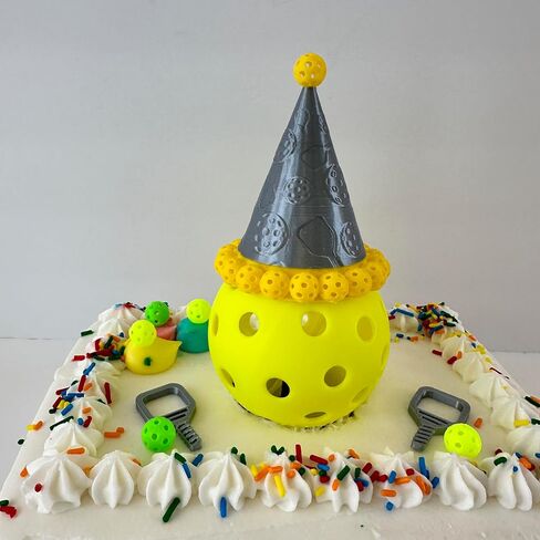Pickleball Cake Topper and Party Pack – Silver Pickleball Birthday Hat Decoration with Stand Plus 6 Mini Yellow Balls, 6 Green Balls, and 6 Mini Paddle Party Favors in Saudi Arabia