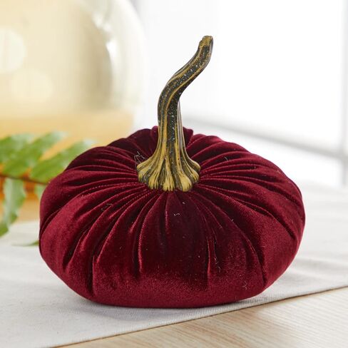 Burgundy 6.25 inch Velvet Pumpkin, Modern Rustic Mantle Decor, Entryway Decor, Farmhouse Cozy Home Decor, Table Centerpiece (Burgundy) in Kuwait