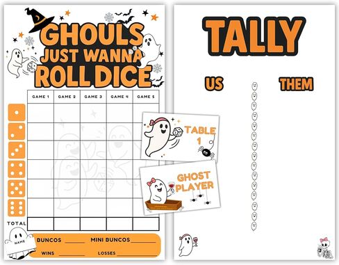 Halloween Bunco Scorecard Set – Ghouls Just Wanna Roll Dice Theme with Ghost Score Sheets, Tally Sheet, Table Signs, Ghost Player Cards – Girls Night Dice Game – October Bunco Party Supplies in Saudi Arabia