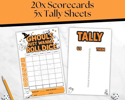 Halloween Bunco Scorecard Set – Ghouls Just Wanna Roll Dice Theme with Ghost Score Sheets, Tally Sheet, Table Signs, Ghost Player Cards – Girls Night Dice Game – October Bunco Party Supplies in Saudi Arabia