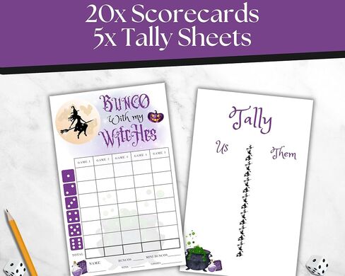 حزمة Halloween Bunco - أوراق نقاط الساحرة وأوراق العصيدة - مستلزمات حفلات الأطراف - نوفمبر - بطاقات الدرجات - مجموعة ألعاب - ديكورات - لنا وهم in Saudi Arabia