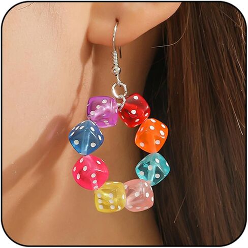 Unique 3D Dice Earrings for Women Cool Colorful Lucky Cubic Dice Playing Card Dangle Drop Earrings Gambling Casino Halloween Jewelry Gift (Colorful Dice) in Saudi Arabia
