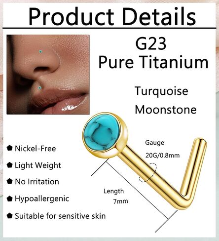 G23 Titanium أنف حلقات 3mm الفيروز L شكل حلقات الأنف ترصيع 20G 14K الذهب الذهب hypiallergenic percings الأنف المجوهرات للنساء الرجال in Kuwait