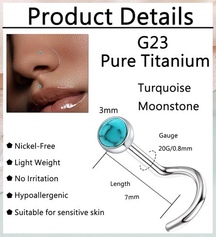 G23 Titanium أنف حلقات الأزرار 3 مم الأزرق الفيروزي الصوفيات خواتم الأنف 20g الفضة مسامير السفلية السفلية مثقوب الأنف مجوهرات للنساء الرجال in Kuwait