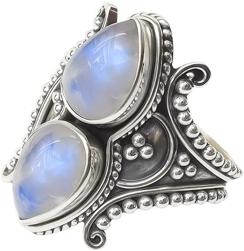Rainbow Moonstone Ring 925 Sterling Silver | 7x10mm Pear Cab Natural Moonstone Gemstone | Real Crystal Healing Ring for Women | Handmade Silver Jewelry Gift (Rainbow Moonstone, 11) in Kuwait