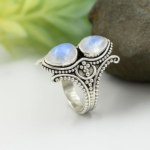 Rainbow Moonstone Ring 925 Sterling Silver | 7x10mm Pear Cab Natural Moonstone Gemstone | Real Crystal Healing Ring for Women | Handmade Silver Jewelry Gift (Rainbow Moonstone, 11) in Kuwait