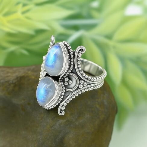 Rainbow Moonstone Ring 925 Sterling Silver | 7x10mm Pear Cab Natural Moonstone Gemstone | Real Crystal Healing Ring for Women | Handmade Silver Jewelry Gift (Rainbow Moonstone, 11) in Kuwait