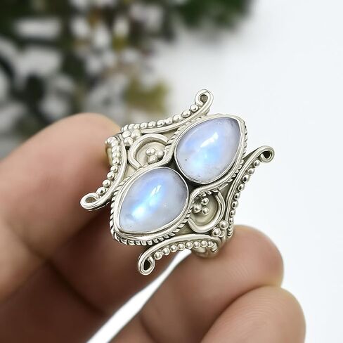 Rainbow Moonstone Ring 925 Sterling Silver | 7x10mm Pear Cab Natural Moonstone Gemstone | Real Crystal Healing Ring for Women | Handmade Silver Jewelry Gift (Rainbow Moonstone, 11) in Kuwait