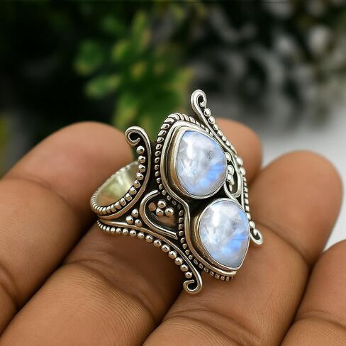 Rainbow Moonstone Ring 925 Sterling Silver | 7x10mm Pear Cab Natural Moonstone Gemstone | Real Crystal Healing Ring for Women | Handmade Silver Jewelry Gift (Rainbow Moonstone, 11) in Kuwait
