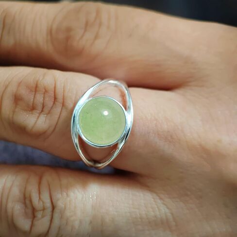 Sterling Silver Real Dongling Stone Ring,Natural Round Genuine Aventurine Quartz Crystal Gemstone Classical Plain Simple Ring for Women (A02_Light Green Dongling, 7) in Saudi Arabia