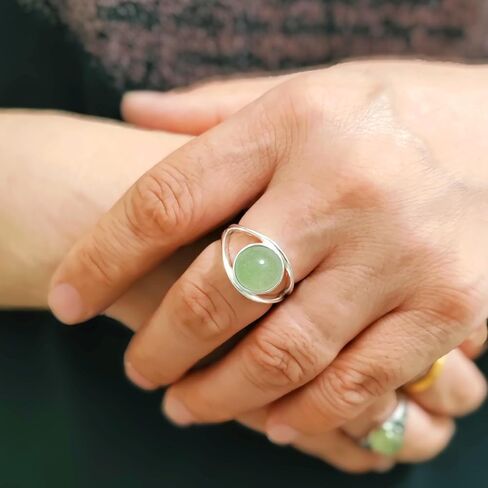 Sterling Silver Real Dongling Stone Ring,Natural Round Genuine Aventurine Quartz Crystal Gemstone Classical Plain Simple Ring for Women (A02_Light Green Dongling, 7) in Saudi Arabia