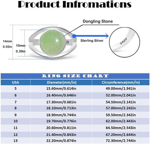 Sterling Silver Real Dongling Stone Ring,Natural Round Genuine Aventurine Quartz Crystal Gemstone Classical Plain Simple Ring for Women (A02_Light Green Dongling, 7) in Saudi Arabia