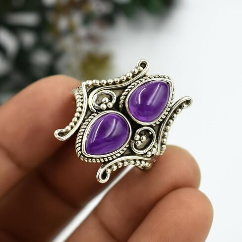 Rainbow Moonstone Ring 925 Sterling Silver | 7x10mm Pear Cab Natural Moonstone Gemstone | Real Crystal Healing Ring for Women | Handmade Silver Jewelry Gift (Rainbow Moonstone, 11) in Kuwait